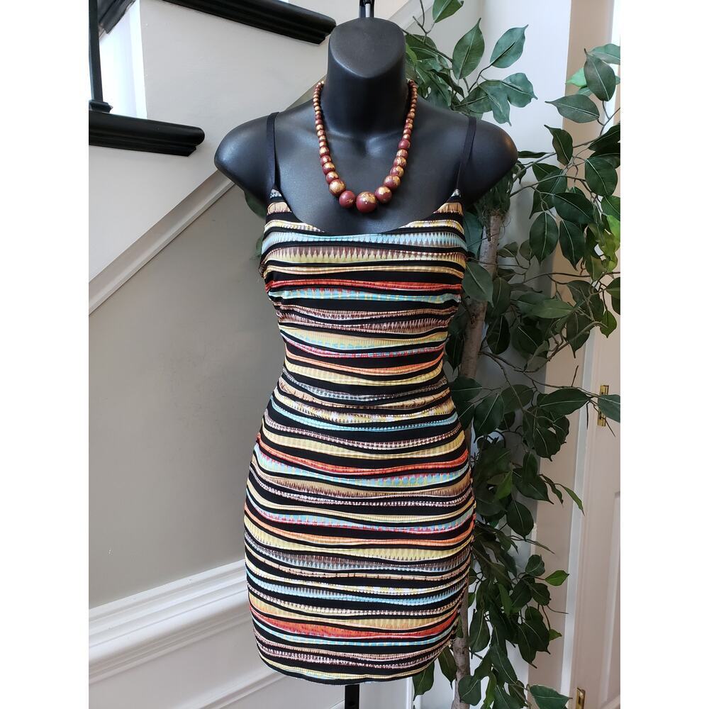 Jacaranda Bodycon Dress Womens Multi Striped Stretch Spaghetti Strap Scoop Neck